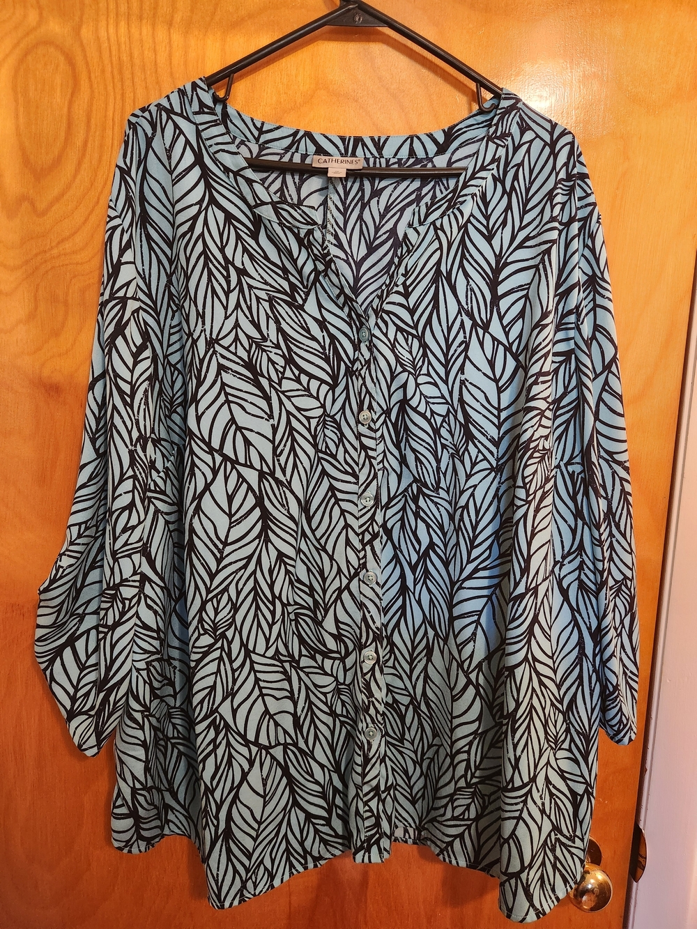 Catherines Aqua Blue and Black Leaf-Print Button Front Blouse